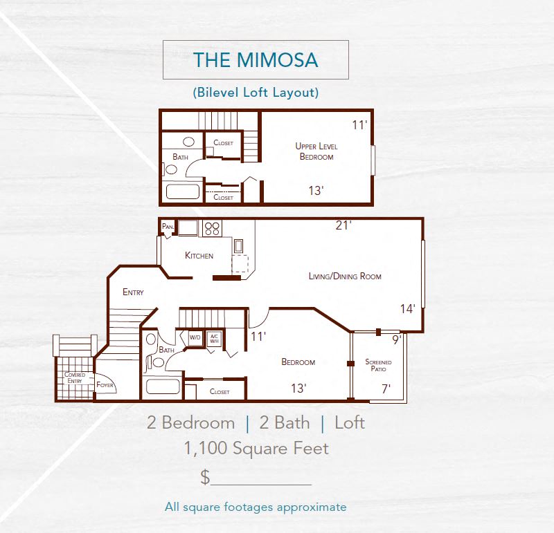 Floor plan for 2 beds, 2 baths, 1100 sqft